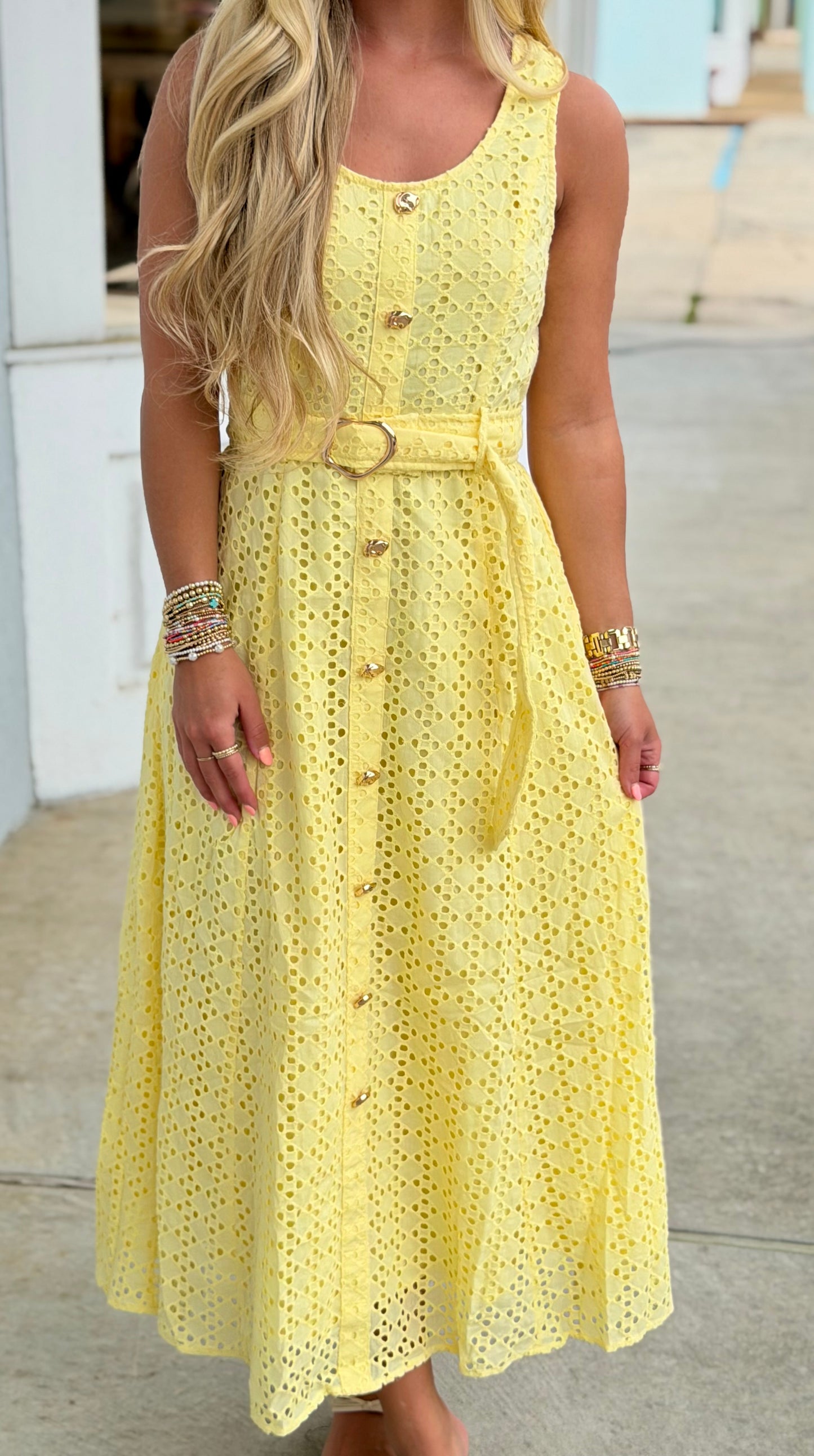 Lemon Gold Button Crochet Midi Dress