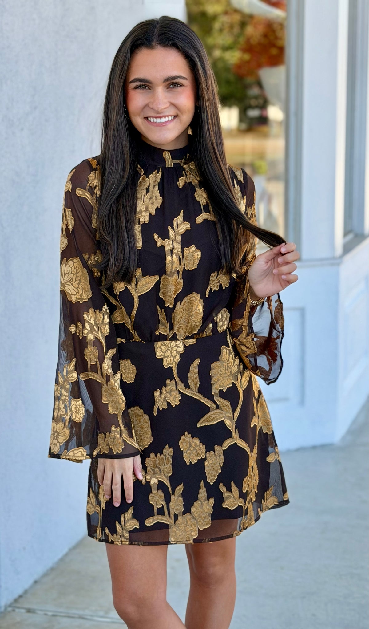 Brown/Gold Floral Mock Neck Long Sleeve Dress