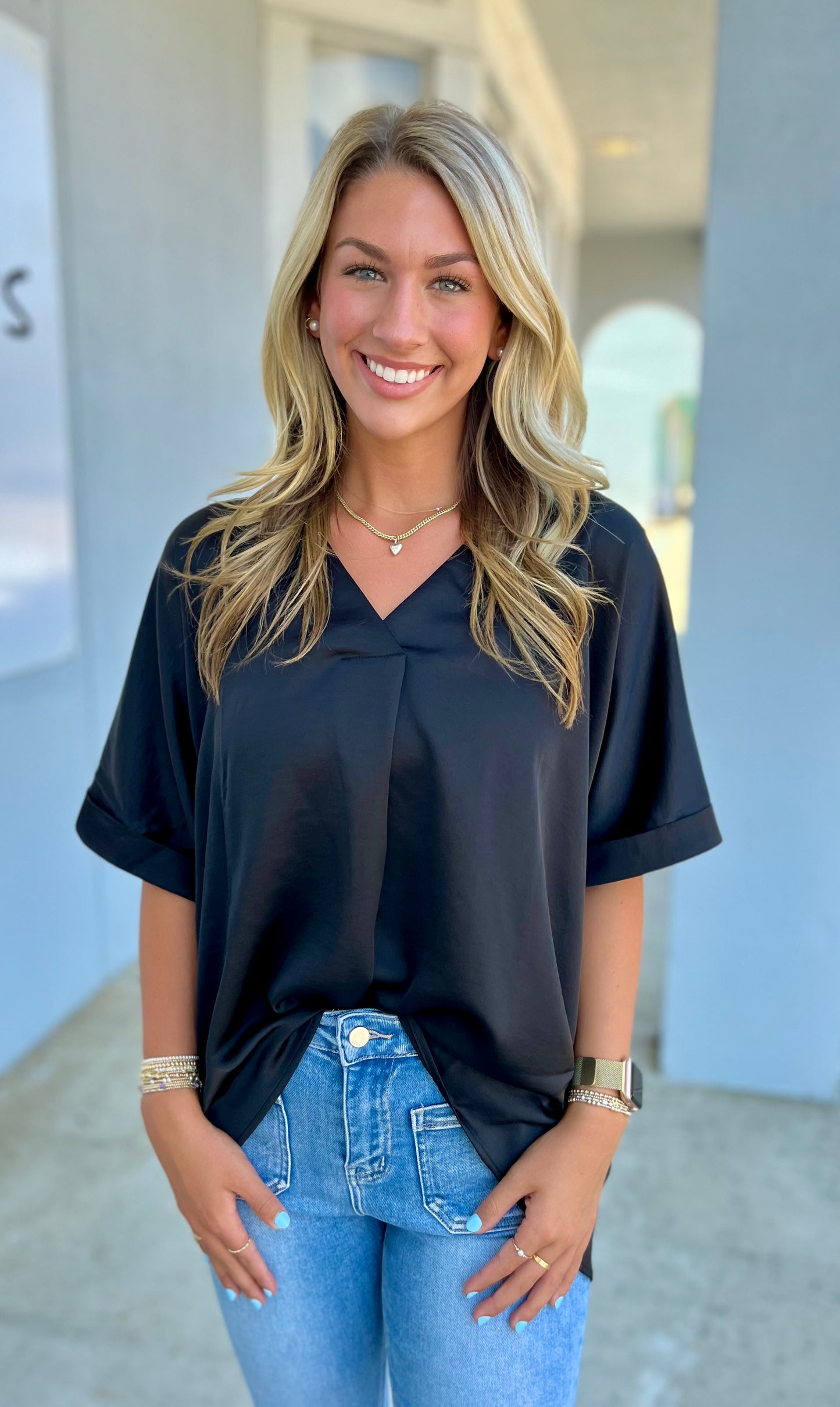 Black V neck High Low Blouse