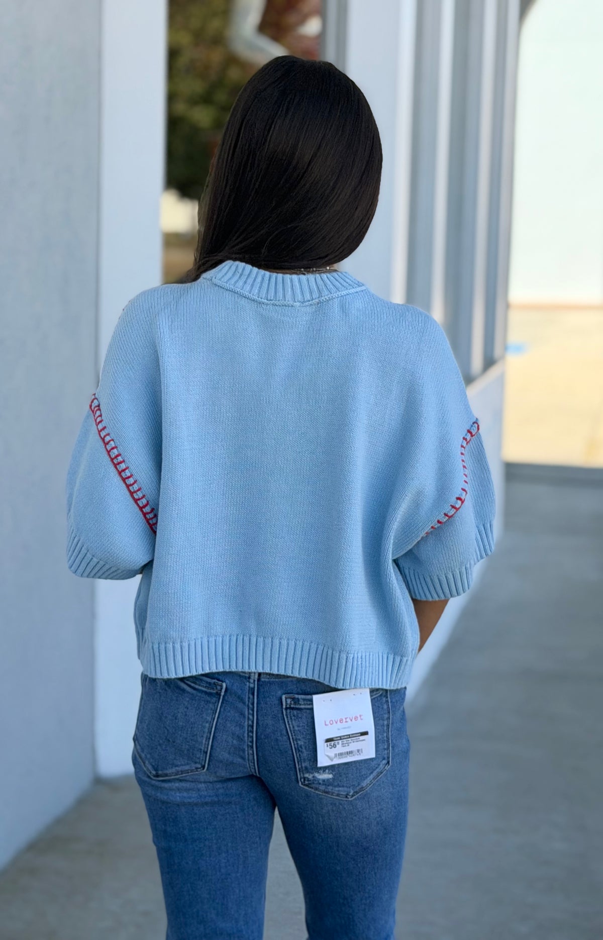 Lt Blue Contrast Stitch Boxy Sweater