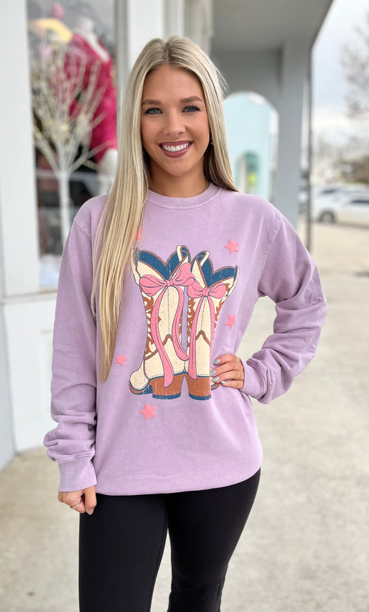 Lavender Puff Cowboy Boots Sweatshirt