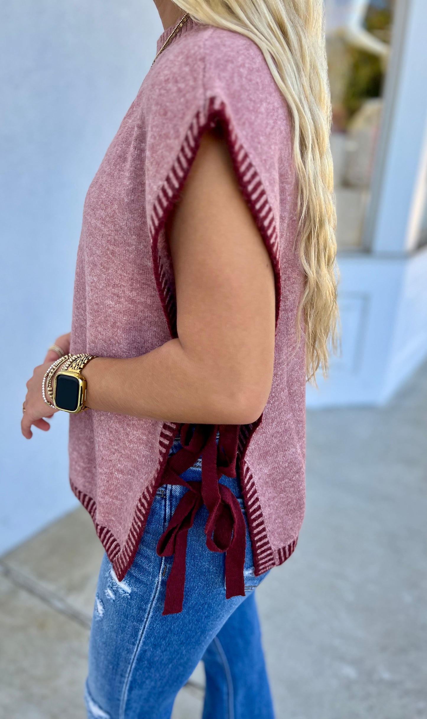 Side Tie Knit Sweater Vest, Blush