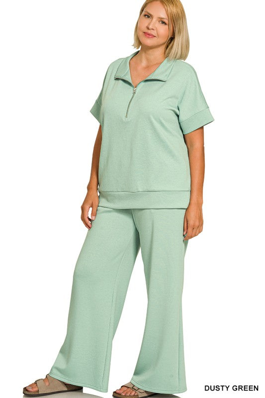 Plus Scuba Half Zip Top & Pants SET, Dusty Green
