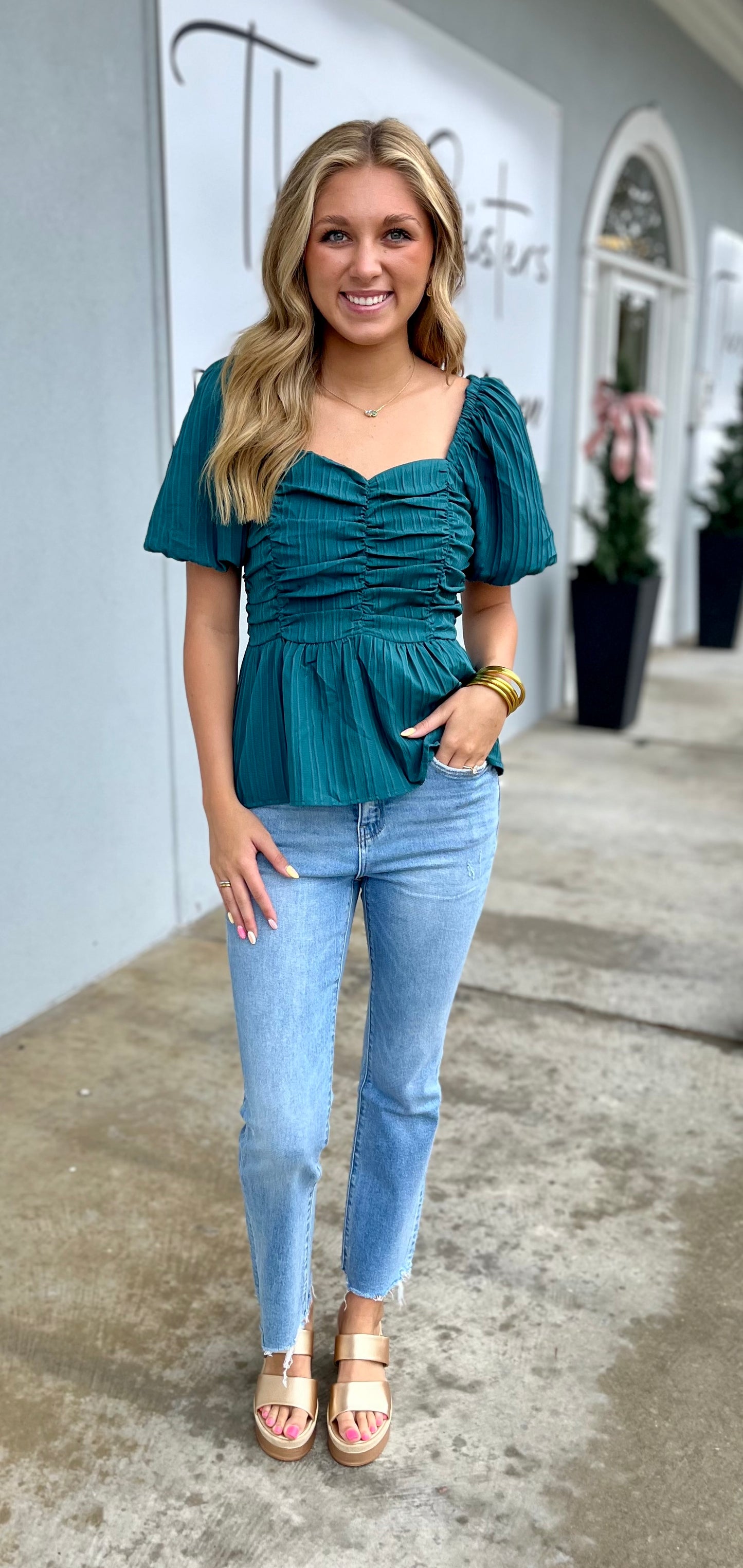 Teal Textured Sweetheart Neckline Puff Sleeve Top