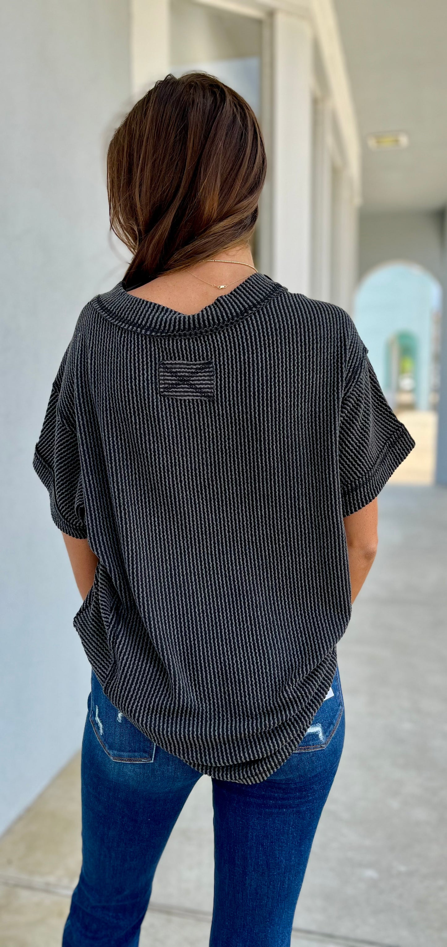 Ribbed Knit V Neck Top , Charcoal