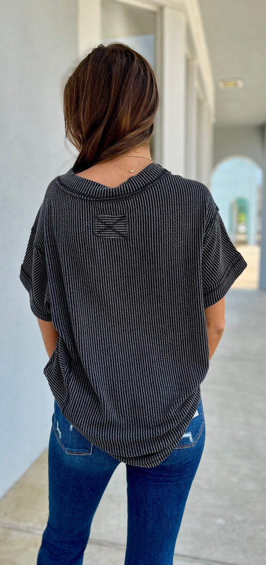 Ribbed Knit V Neck Top , Charcoal