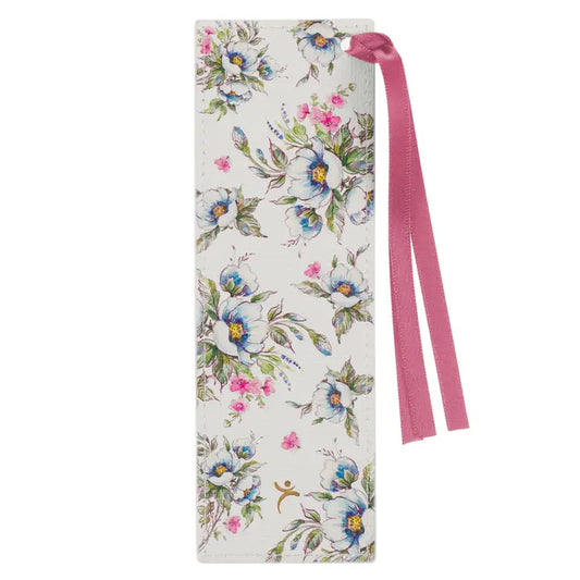 Give Thanks White Floral Leather Bookmark