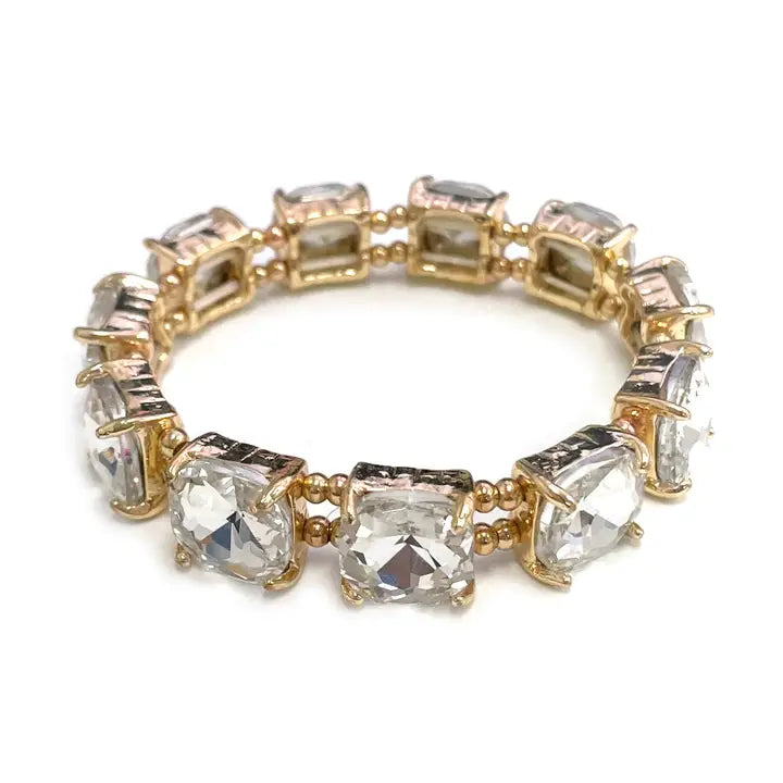 Clear Crystal Square and Gold Stretch Bracelet
