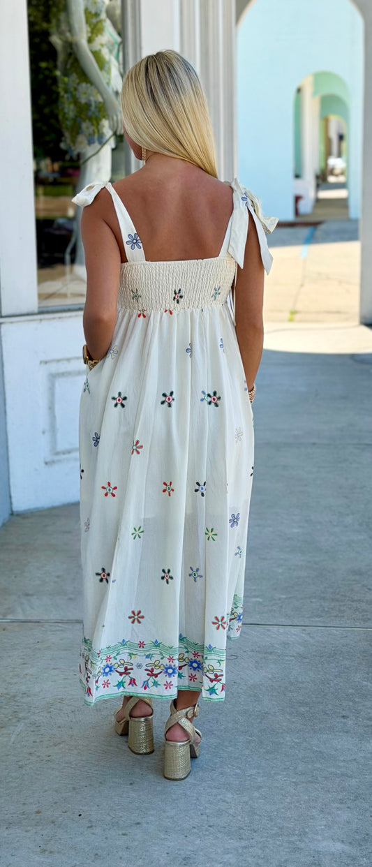 Ivory Sleeveless Floral Border Print Midi Dress