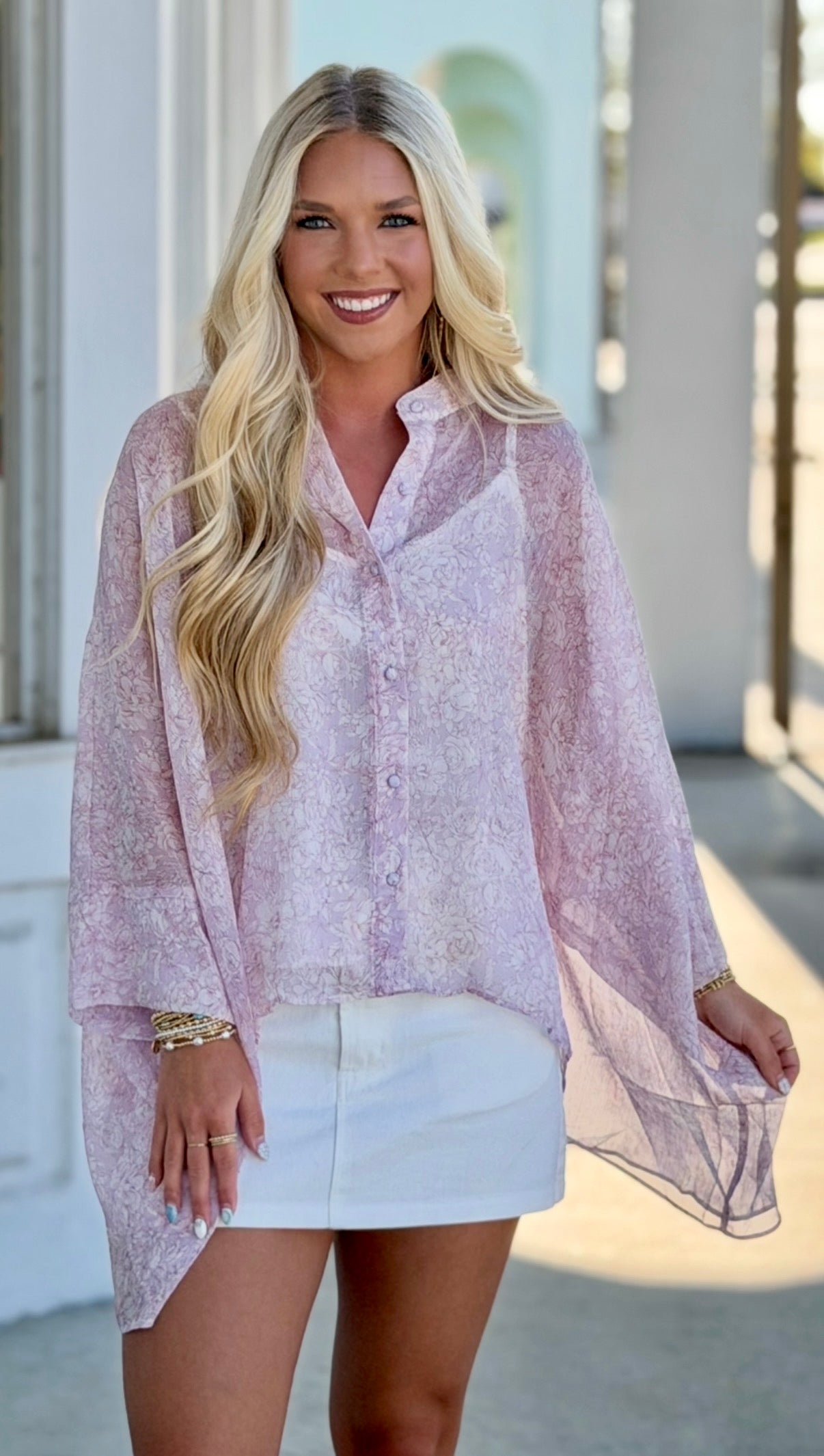 Rose Print Sheer Button Down Blouse