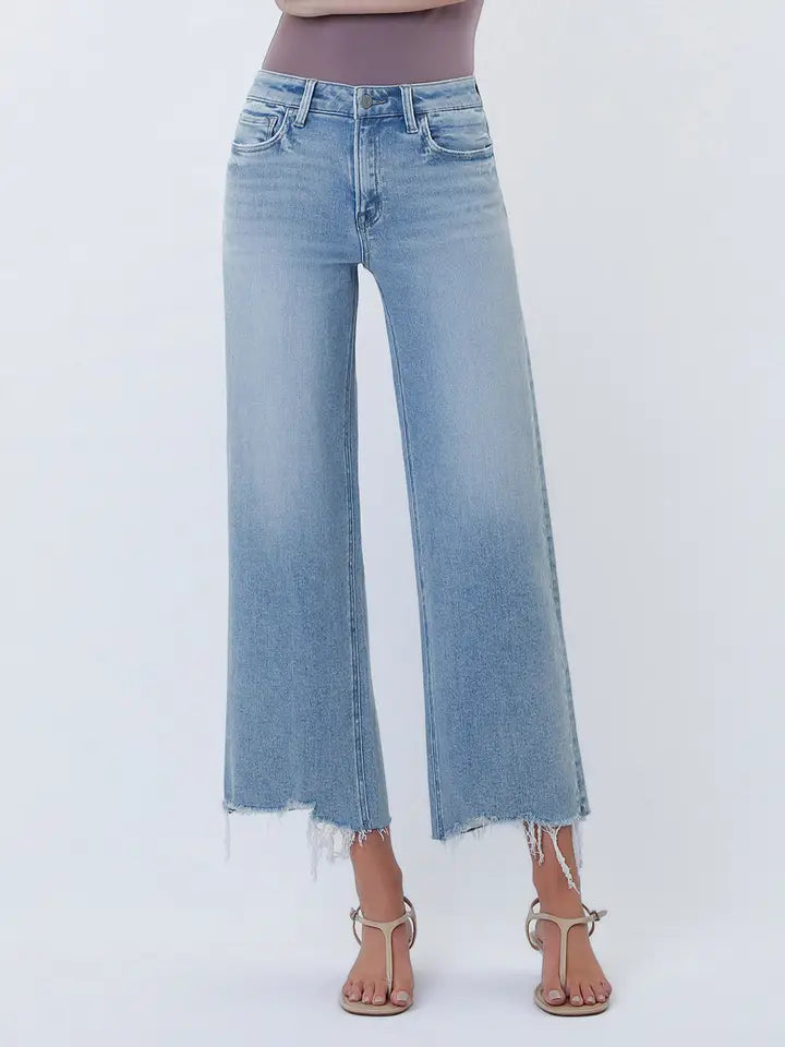 Imaginative High Rise Distressed Hem Crop Wide Leg