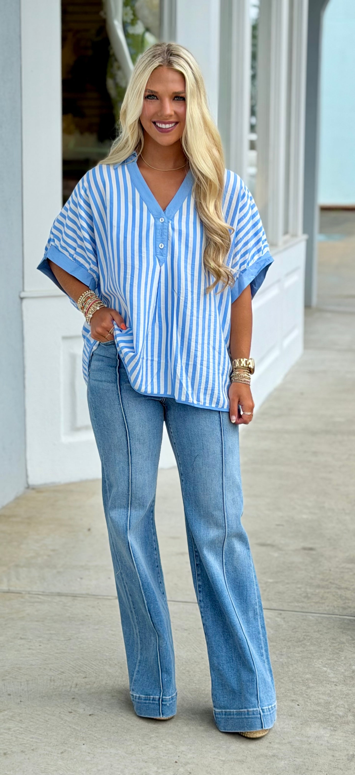 Lt Blue Stripe Collared Top