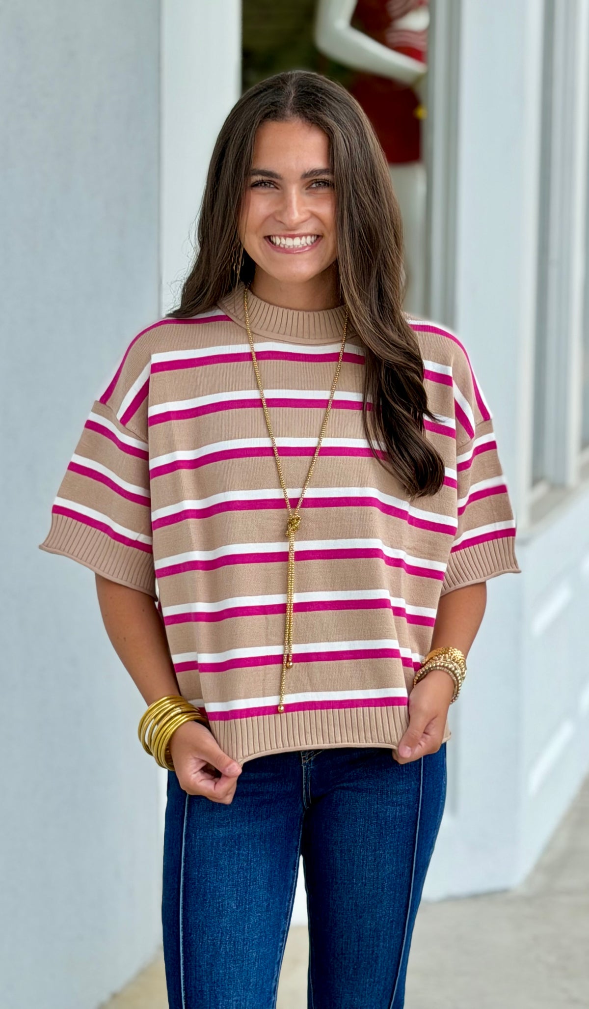 Beige Crew Neck Stripe Sweater