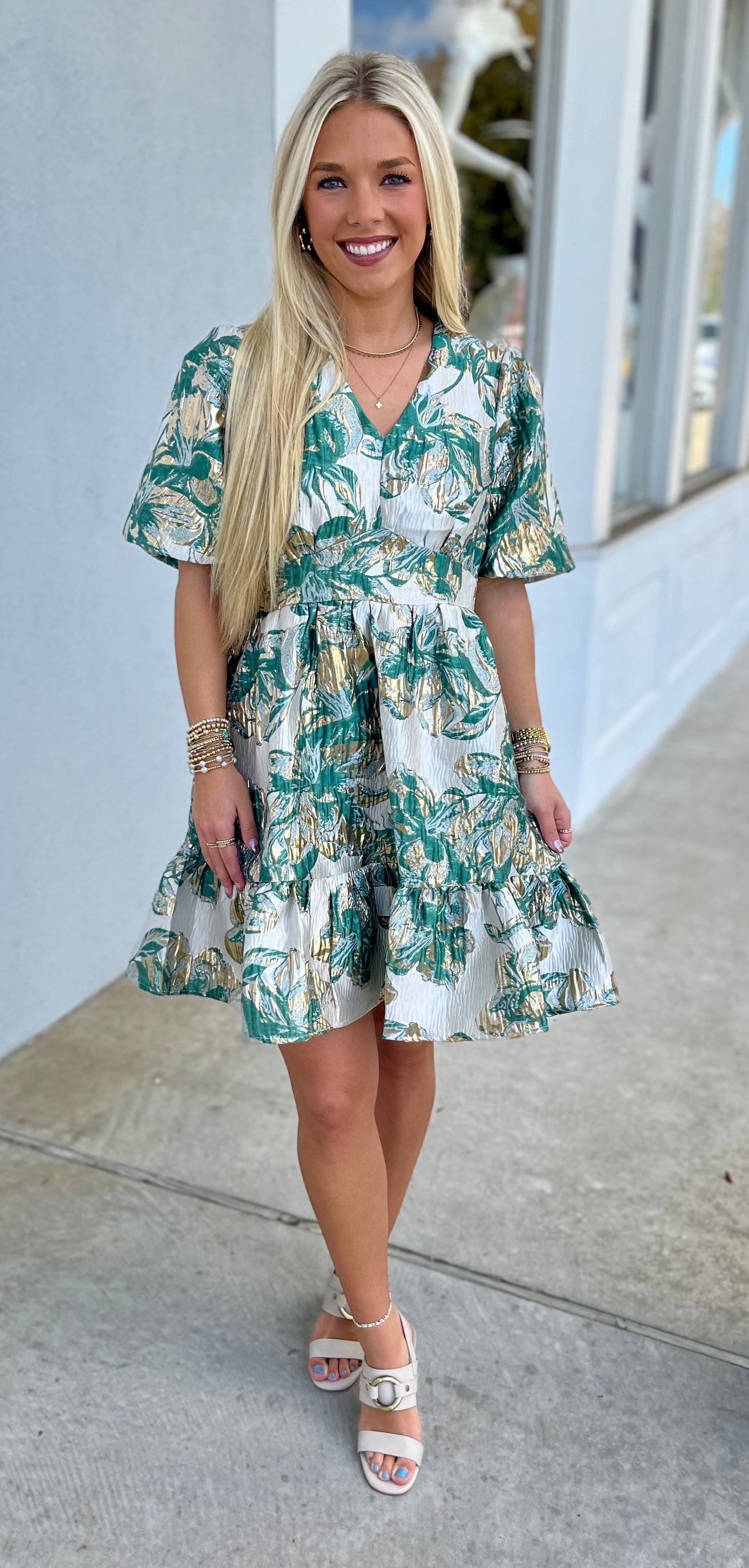 Jacquard Puff Sleeve V Neck Dress , Green/Gold