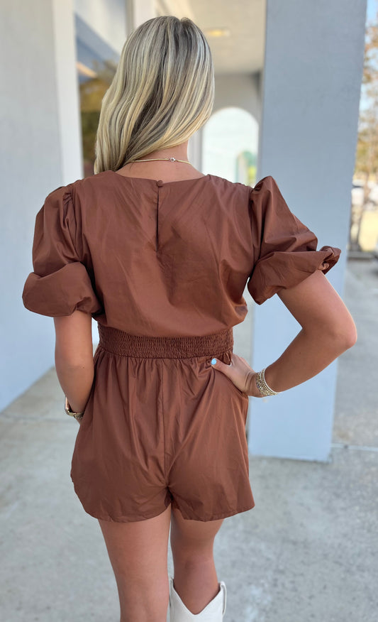 Brown Ruched Romper w/ V Neckline & Button Detail