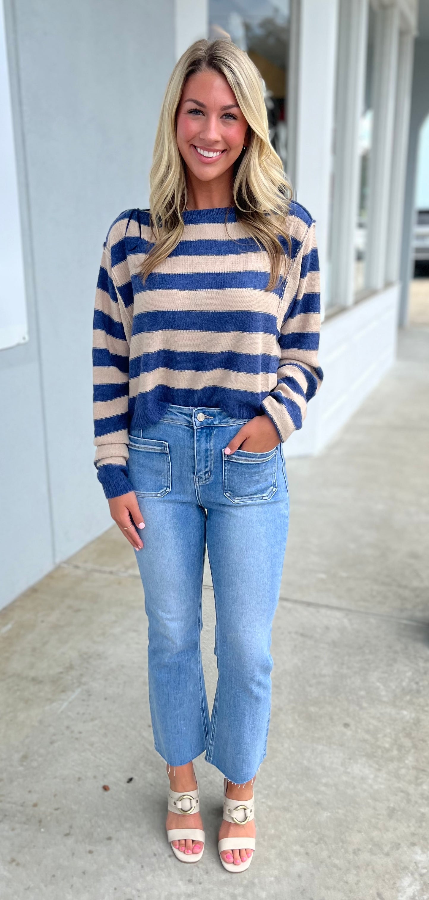 Navy Striped Boat Neck Cropped Sweater