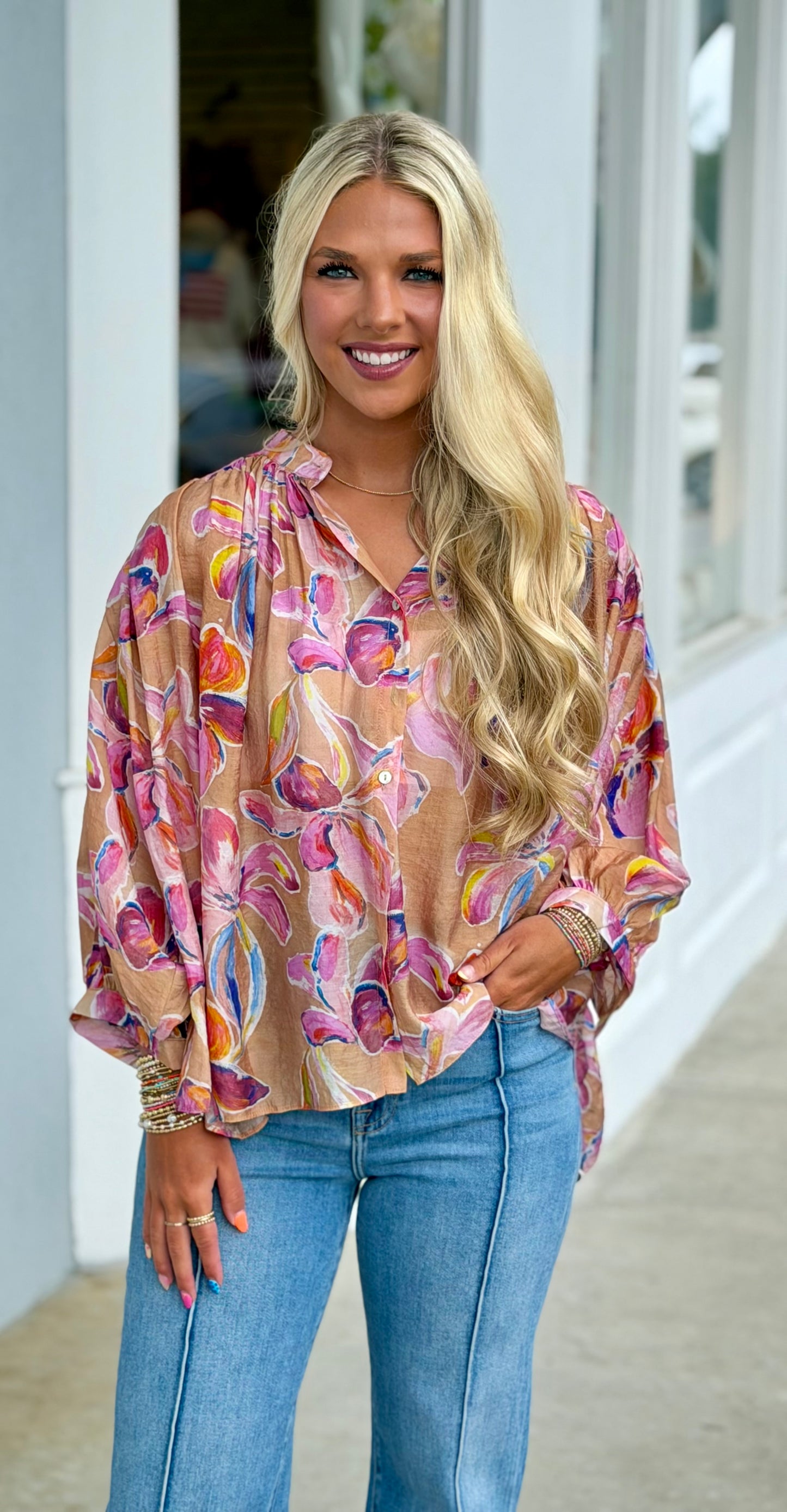 Coral Flower Print Button Down Blouse