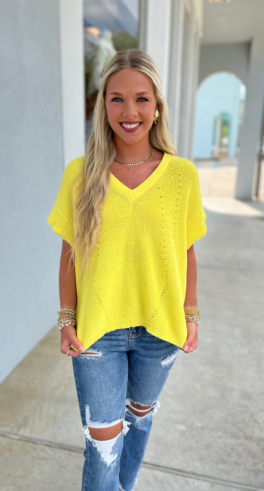 V-Neck Lightweight Sweater with Side Slit, Neon Yellow