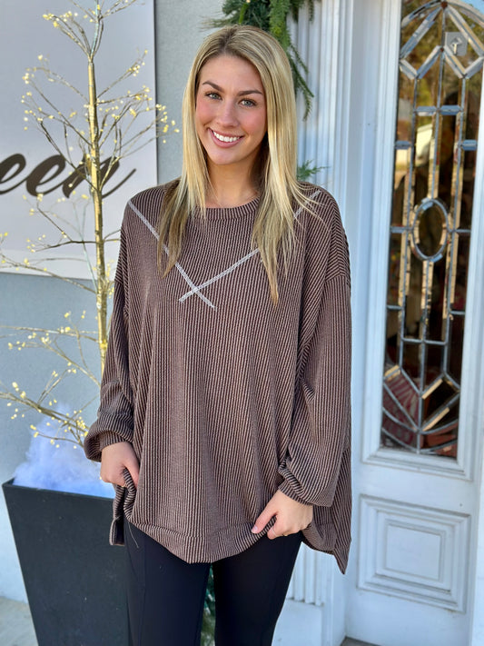 Brown Ribbed Contrast Thread Sweater