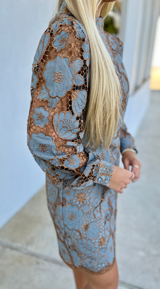 Embroidered Neck Band Long Sleeve Dress