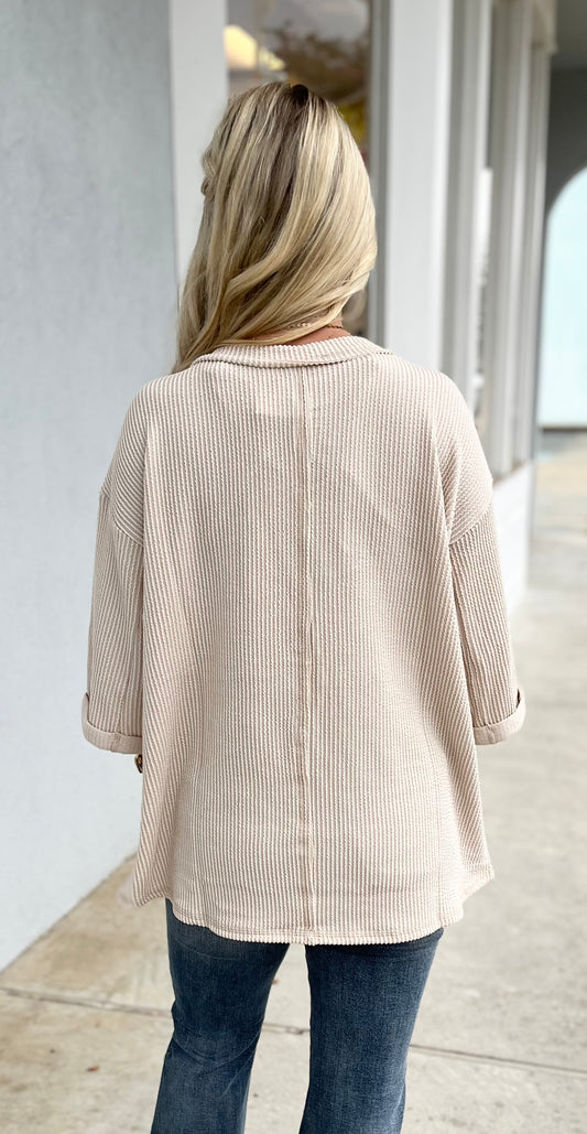 Sand Beige Corded V Neck Top