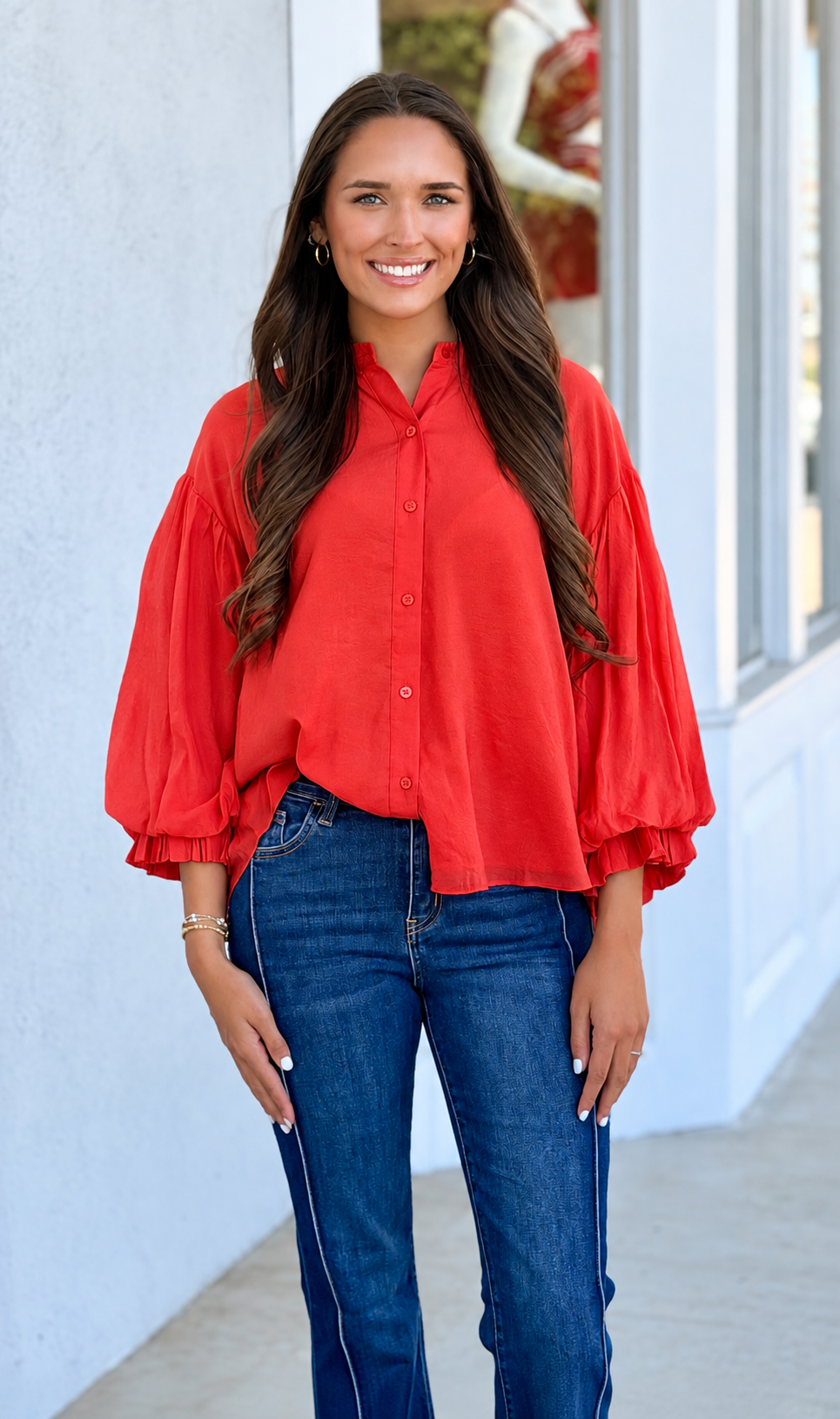 Puff Sleeve Button Down Shirt, Tomato Red