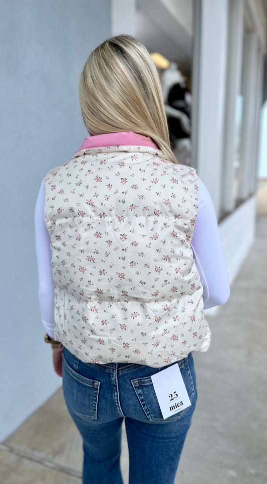 Pink Floral Crop Puffer Vest