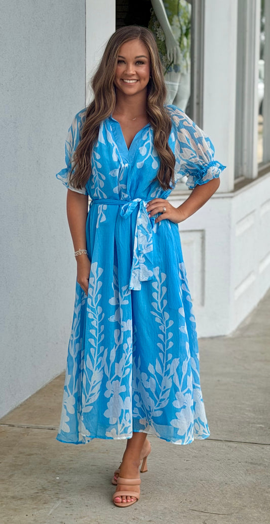 Blue Printed Midi Dress With Tie
