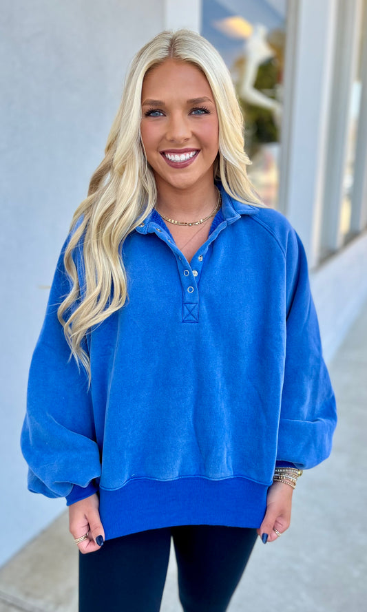 Cobalt Blue Snap Button Pullover