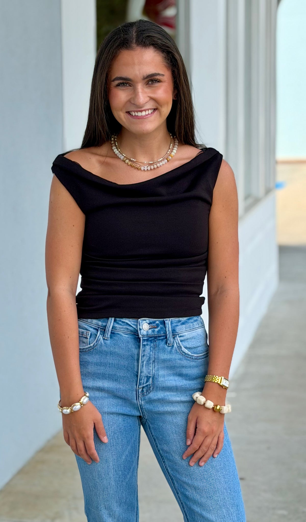 Off The Shoulder Ruched Detail Top, Black