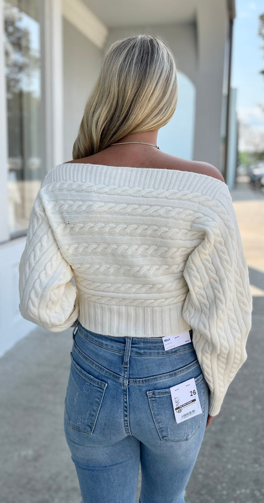Ivory Off The Shoulder Button Down Sweater