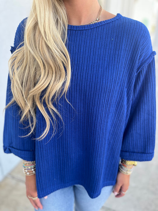 Folded Sleeve Knit Top , Royal Blue