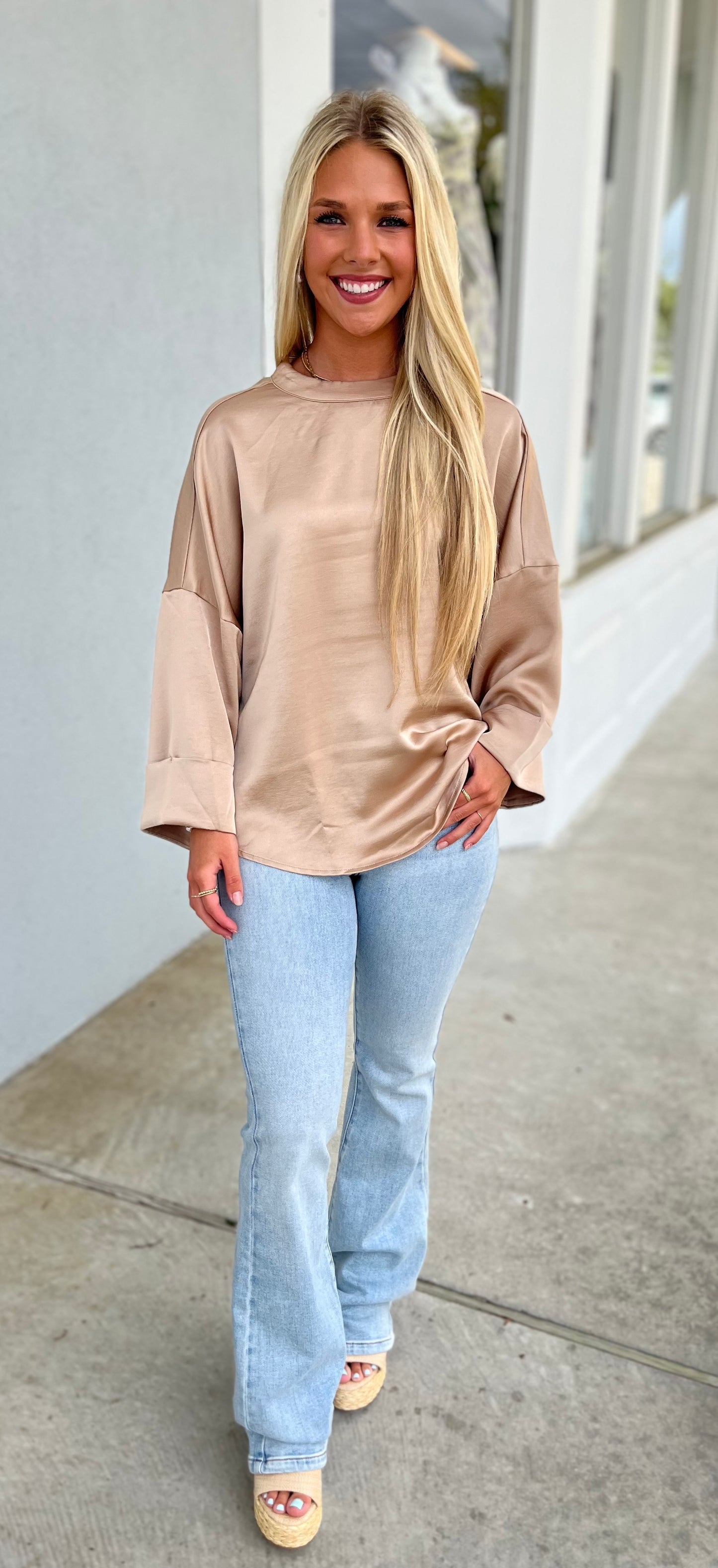 Taupe High Neck Wide Sleeve Top