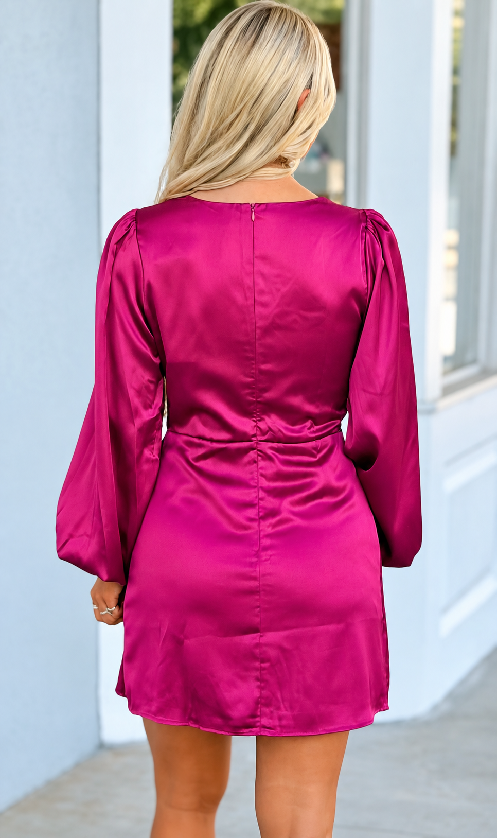 Magenta Mini Dress with Puff Long Sleeve
