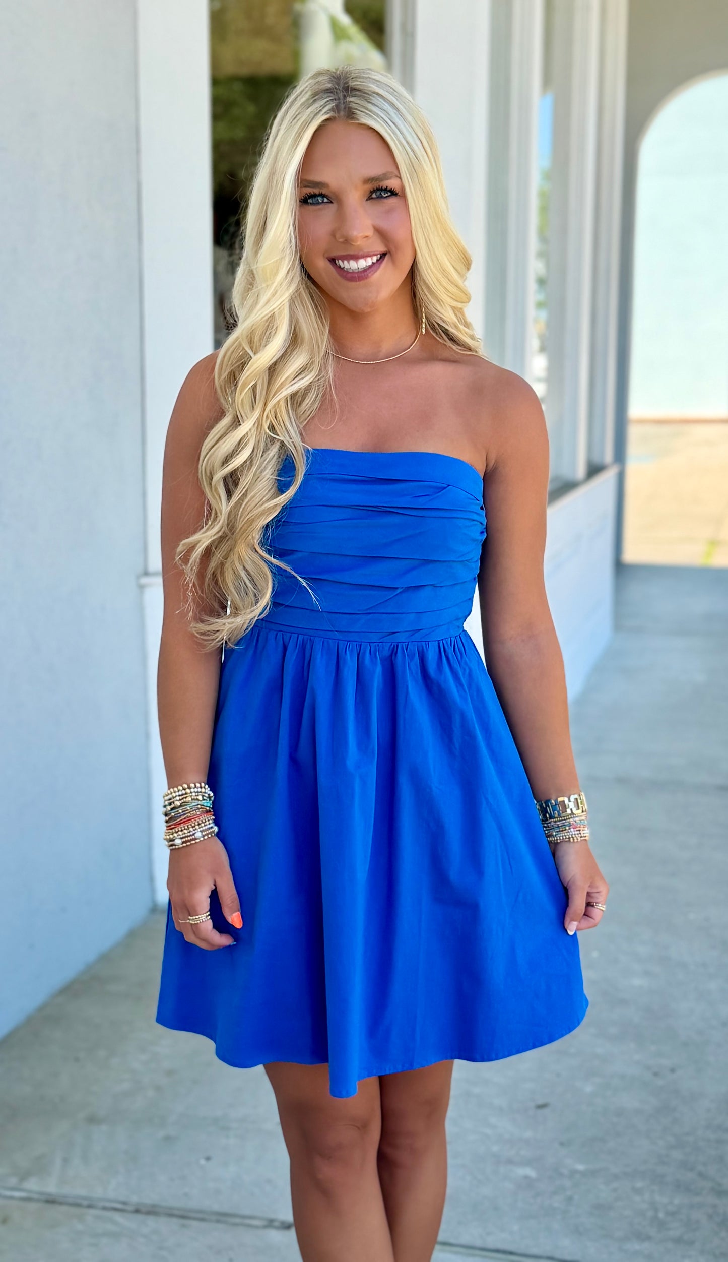 Blue Tube Cotton Mini Dress with Ruching Detail