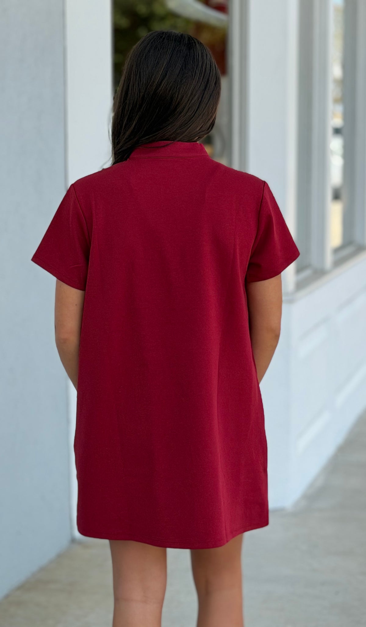 Stand Collar V-Neck Slit Mini Dress, Burgundy