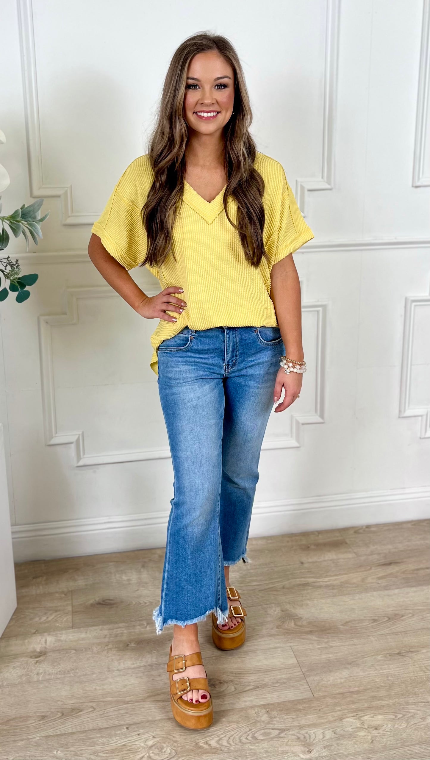 Ribbed V Neck Knit Tee, Yellow