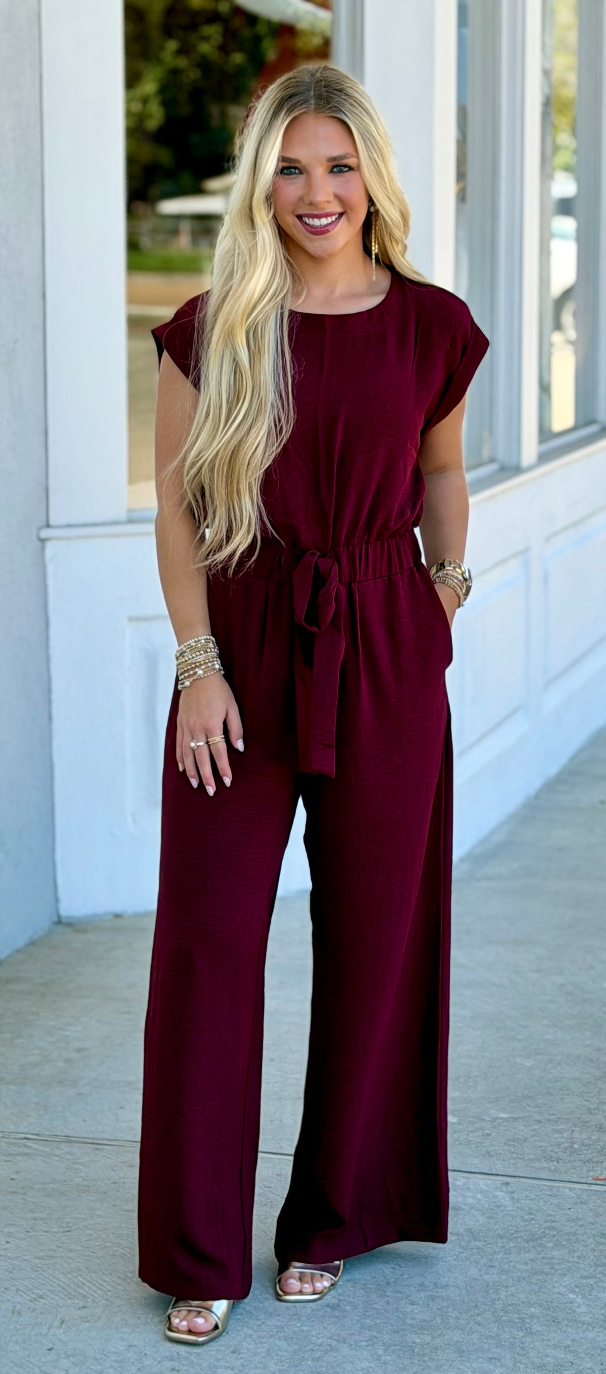 Elastic Waist Jumpsuit With Front Tie Detail, Wine