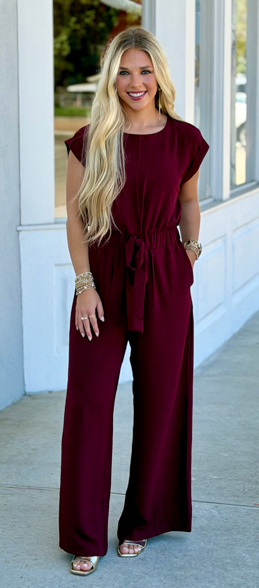 Elastic Waist Jumpsuit With Front Tie Detail, Wine