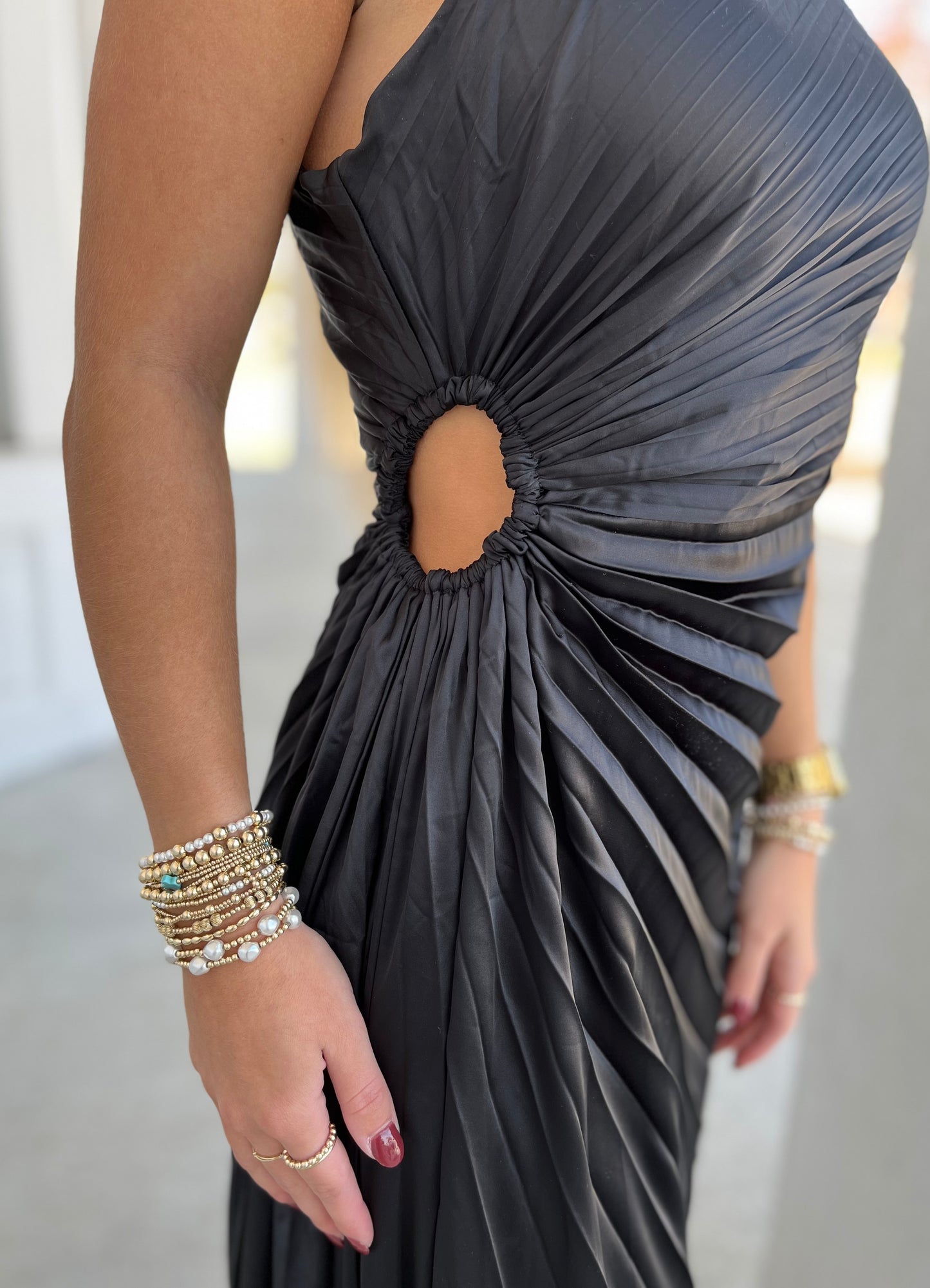 Black One Shoulder Pleated Asymmetrical Dress