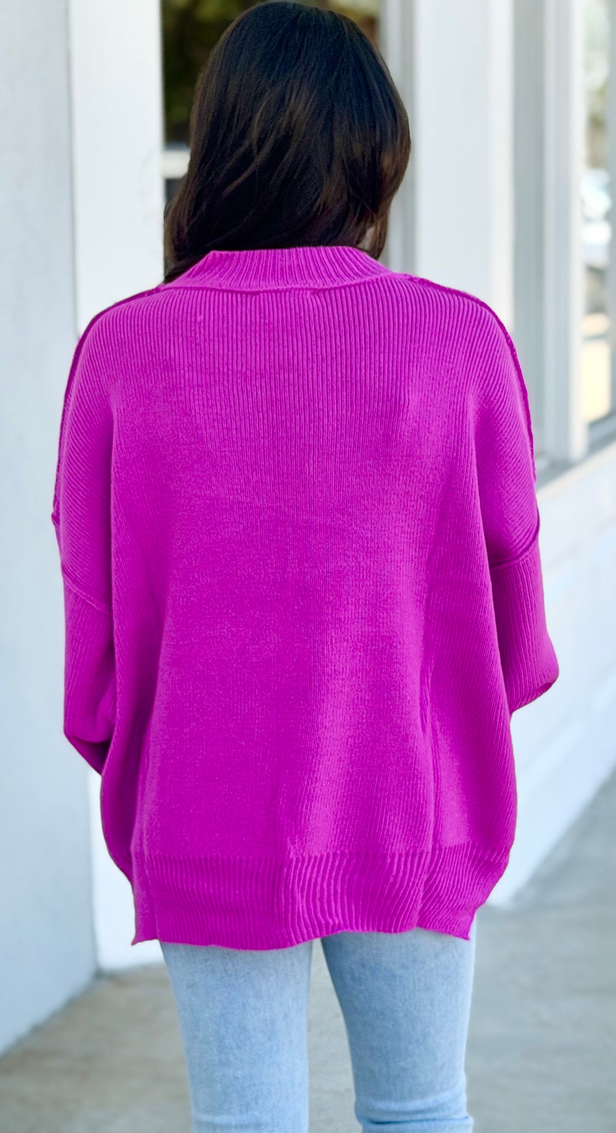 Drop Shoulder Oversized Mock Neck Sweater Top , Magenta Pink