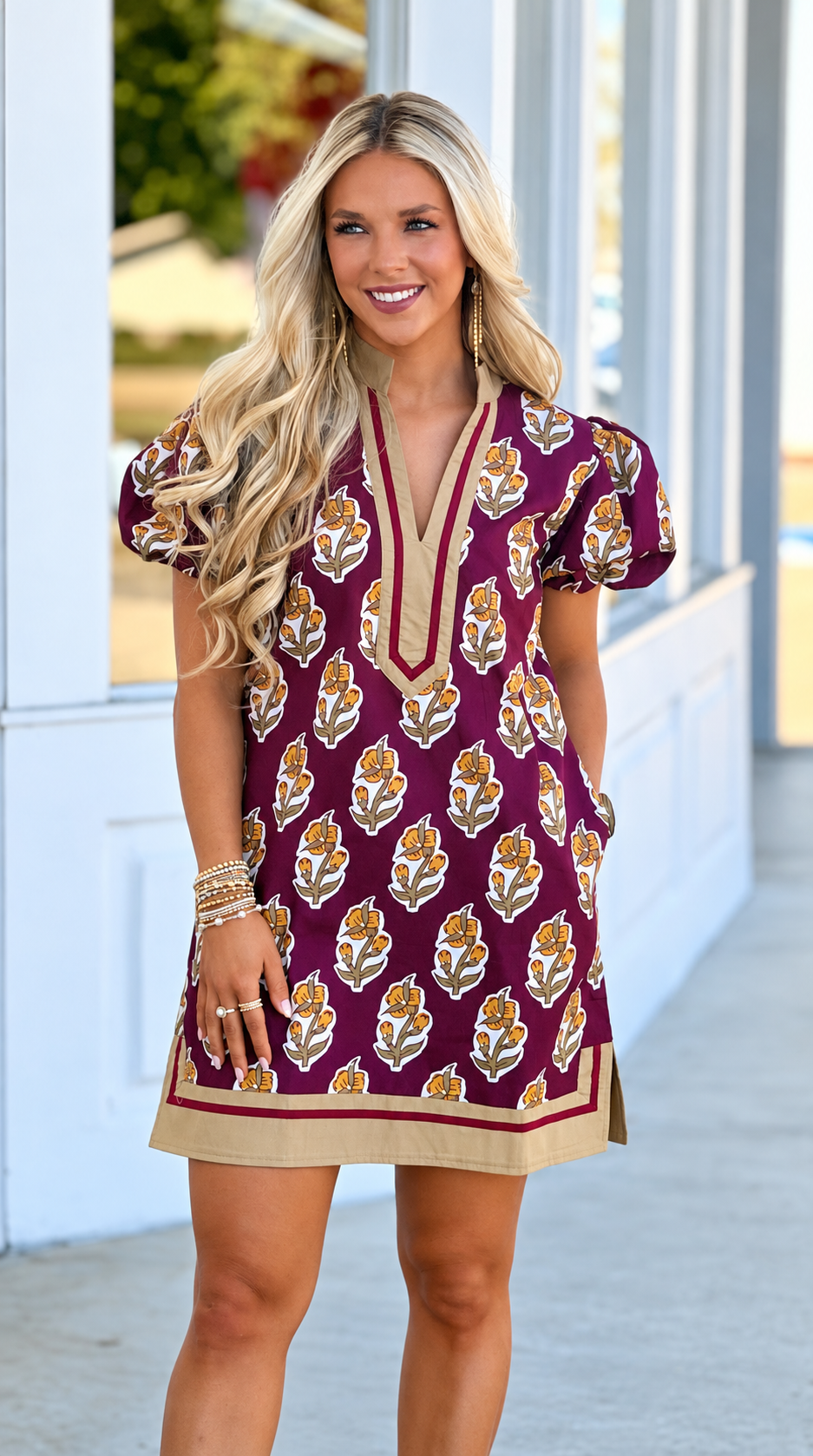 Burgundy Floral Border Print Puff Sleeve Mini Dress
