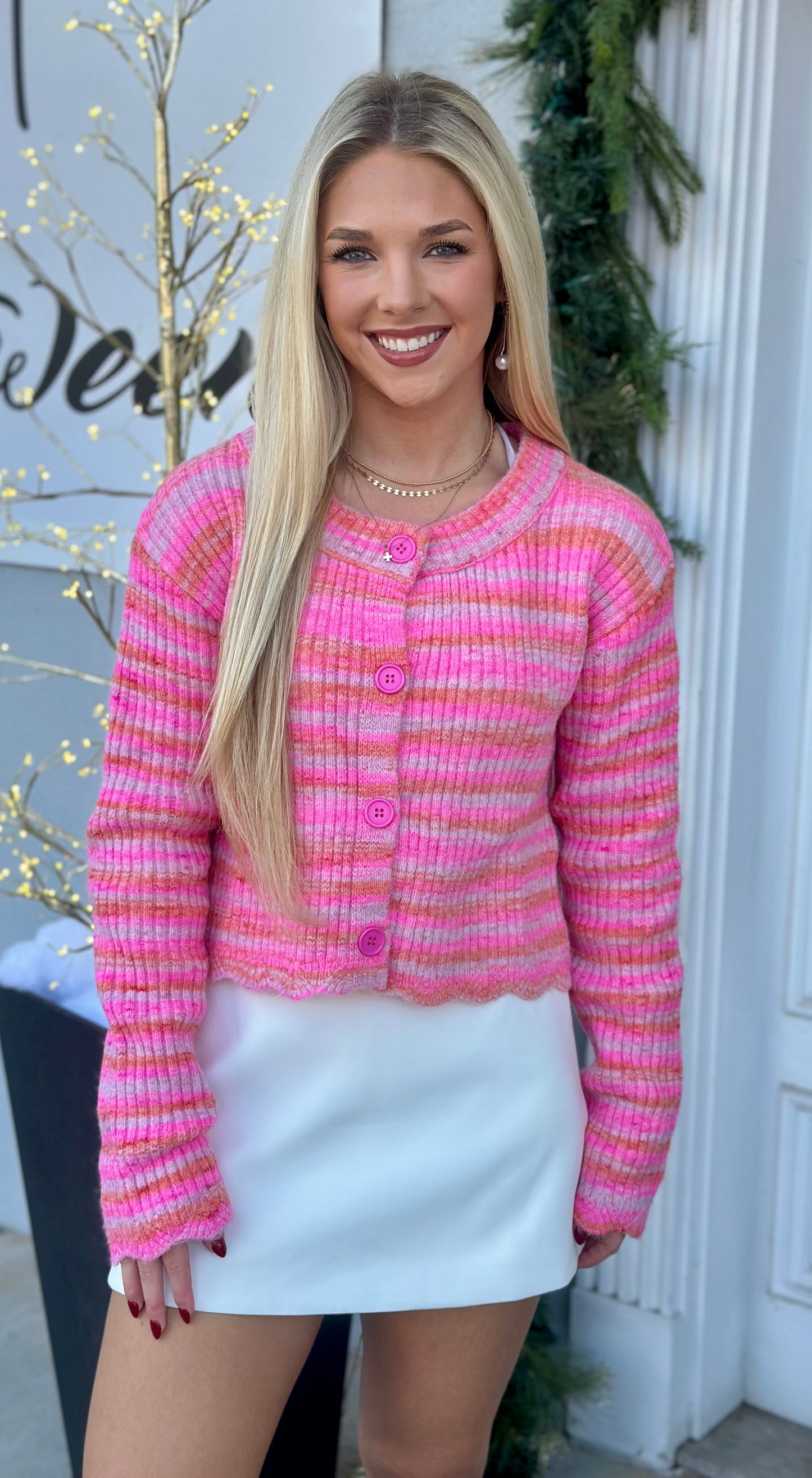 Pink Multi Crop Cardigan With Scallop Hem