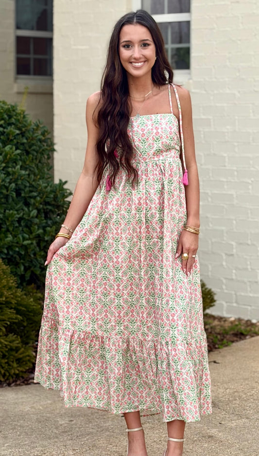 Pink Multi Garden Tassle Open Back With Bow Midi Dress