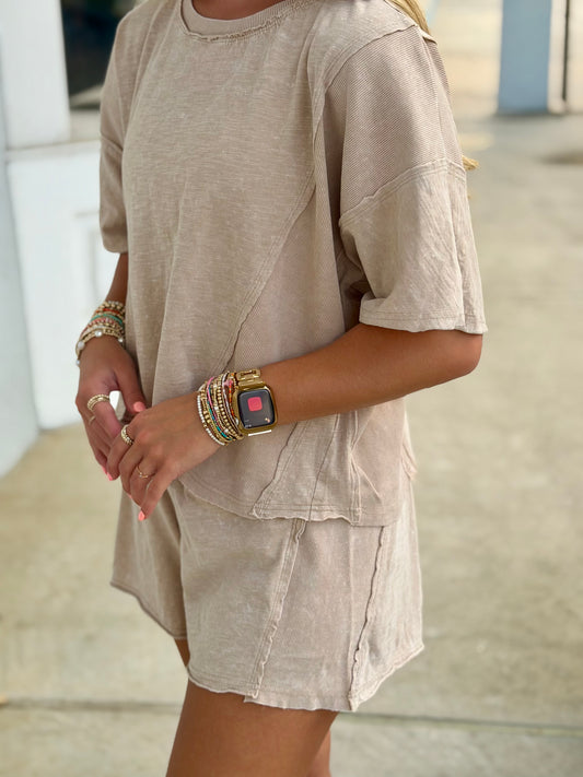Taupe Mineral Washed Two Piece Short SET