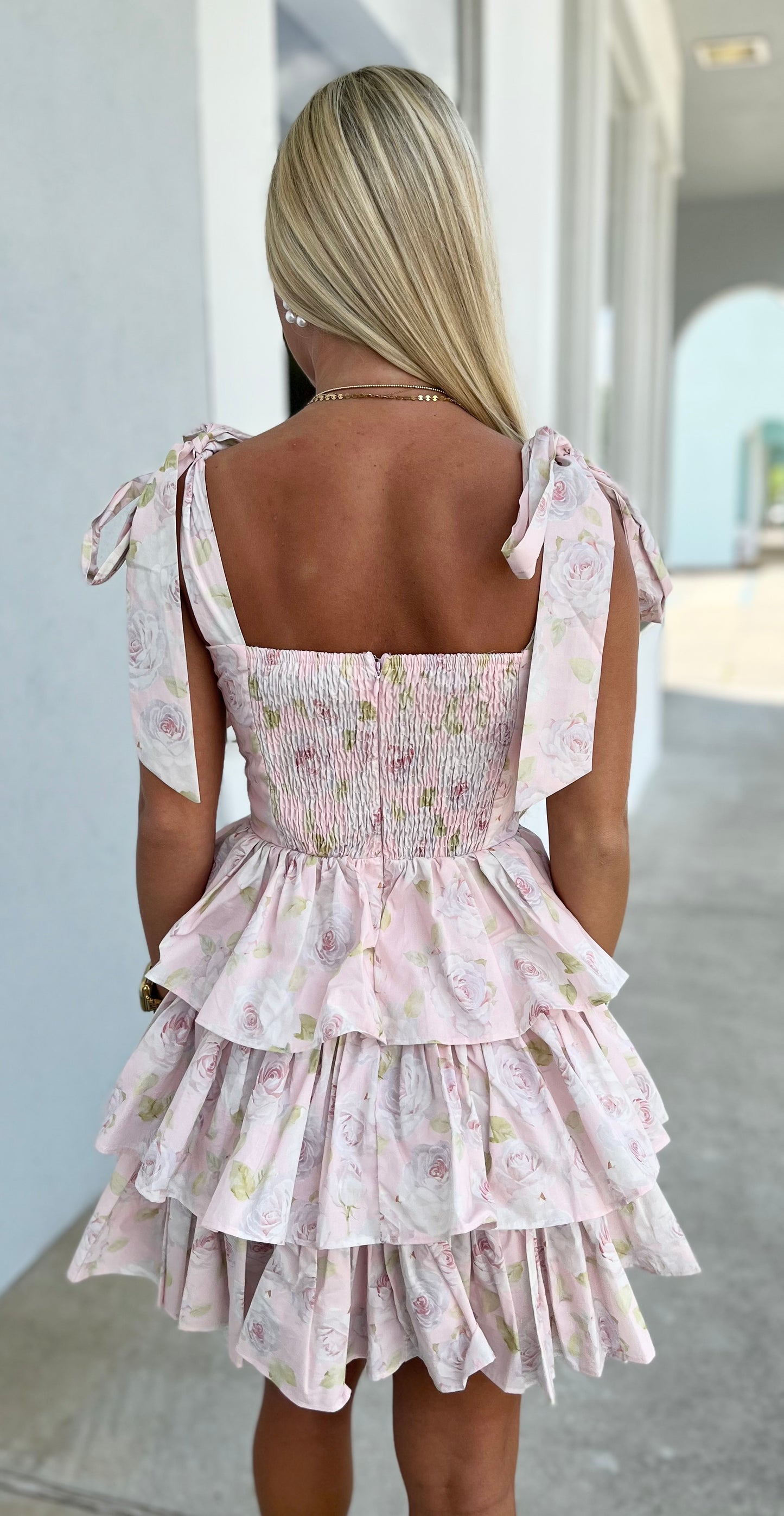 Pink Floral Shoulder Tie Corset Tiered Mini Dress