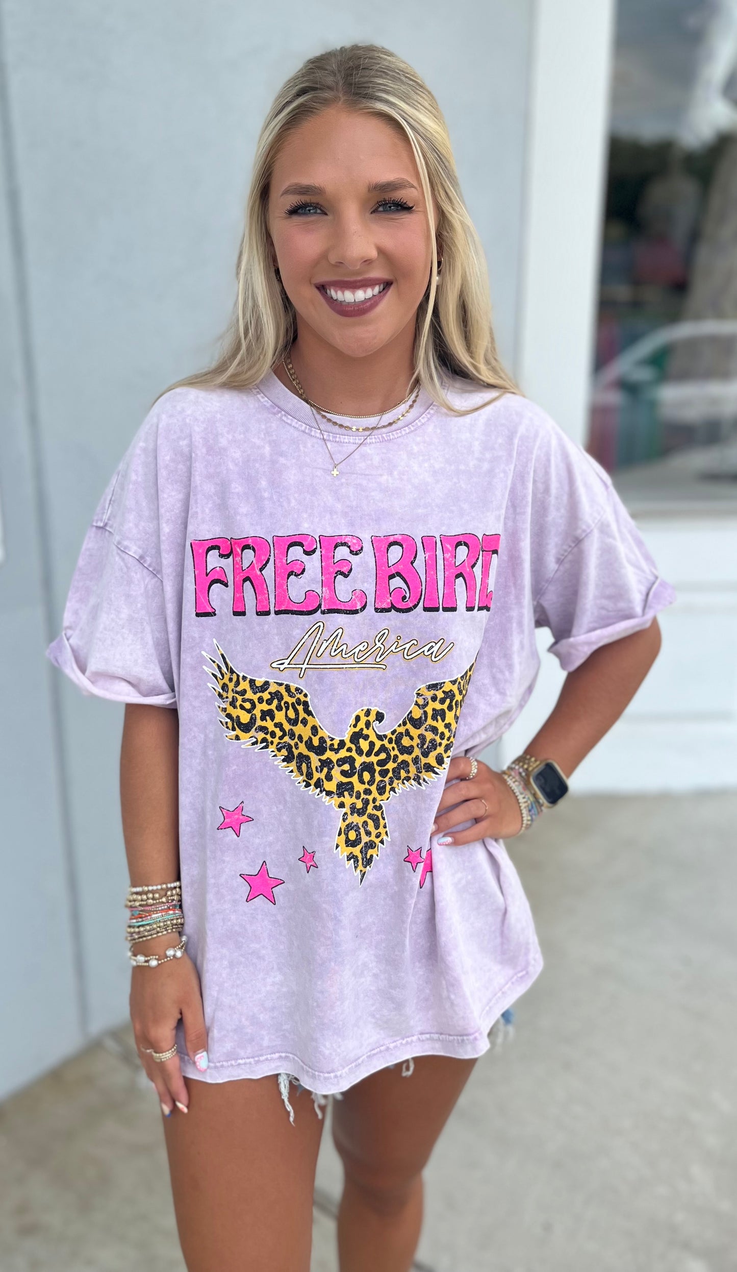 Leopard Free Bird America Graphic Tee , Lavender