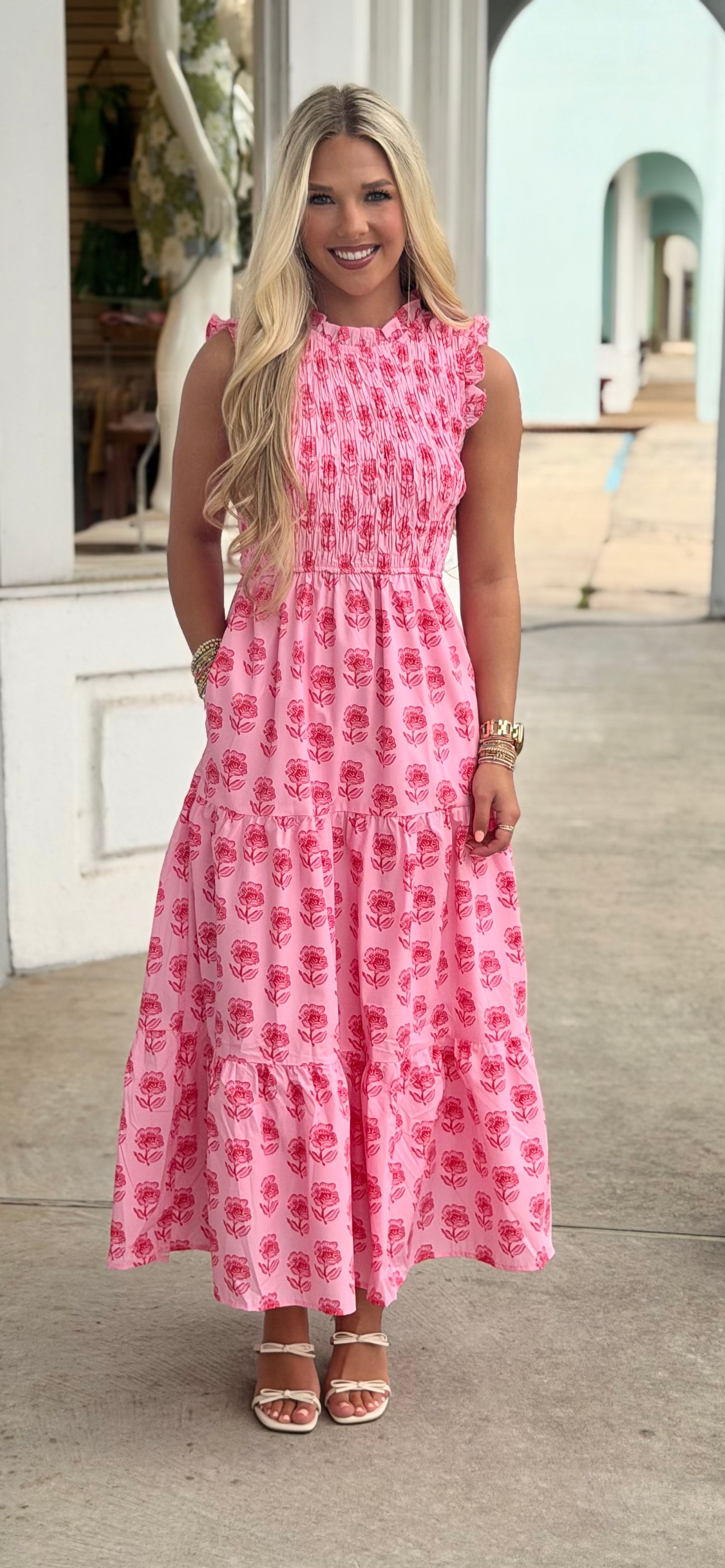 Smocked Bodice Floral Tiered Midi Dress