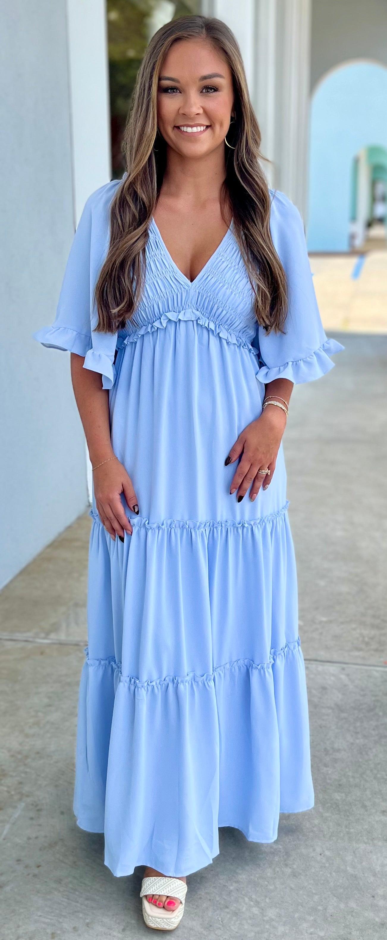 Lt Blue Flutter Sleeve Smocked Tiered Maxi Dress