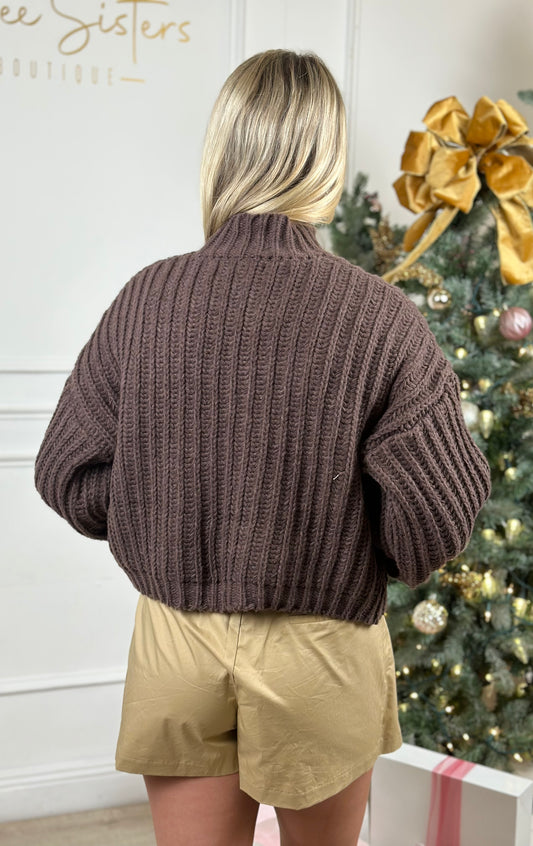 Solid Crew Neck Wide Sleeve Rib Knit Sweater, Chocolate